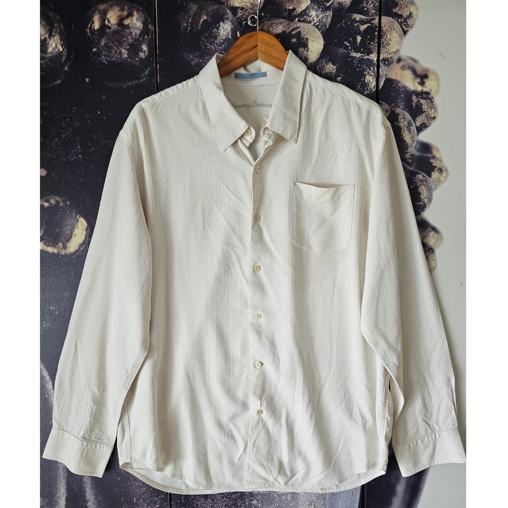 Tommy‎ Bahama Mens Cream Tonal Grid Silk Blend Long Sleeve Button Down Shirt